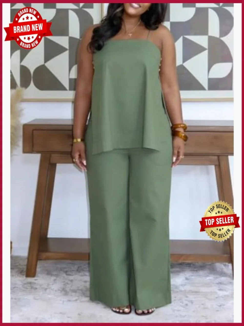 2 Piece Linen Lounge Set Slit Cami Top Baggy Pants Plus Size - Picture 3 of 7
